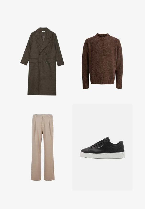 Dwurzędowy długi płaszcz z ciemno-brązowej mieszanki wełny, z wyłogowym kołnierzem, dwiema przednimi kieszeniami i czarnymi guzikami. Gładka tekstura.; Brązowy sweter dzianinowy z teksturowanym wzorem, z dzianinowym okrągłym dekoltem i długimi rękawami. Wykonany z miękkiego, ciepłego materiału.; Beżowe spodnie plisowane wykonane z gładkiego materiału, ze prostymi nogawkami, z zapięciem na guzik i subtelnymi detalami w szwie.; Czarne skórzane sneakersy z białą gumową podeszwą. Posiadają okrągły czubek, sznurowanie z przodu oraz wytłoczone logo z boku. Gładka tekstura.