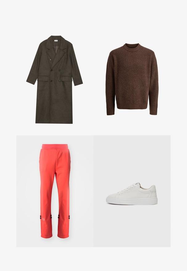 Abrigo largo de doble botonadura en mezcla de lana marrón oscuro, con cuello notch, dos bolsillos frontales y botones negros. Textura suave.; Suéter de punto marrón con un patrón texturizado, cuello redondo acanalado y mangas largas. Fabricado con un material suave y cálido.; Pantalones deportivos de color coral con una cinturilla ancha, que presentan detalles de franjas negras en el dobladillo y un pequeño logotipo en el lado izquierdo. Textura suave.; Zapatillas bajas de cuero blanco con punta redonda, suela de goma blanca plana y un detalle de costura minimalista. Cordones asegurados a través de seis ojales.