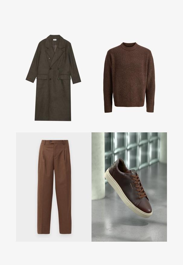 Divkrūtais garais mētelis tumši brūnā vilnas maisījumā ar izgriezumu apkakli, divām priekšējām kabatām un melnām pogām. Gluda tekstūra.; Brūns adīts džemperis ar teksturētu rakstu, ribota apaļa kakla izgriezuma un garām piedurknēm. Izgatavots no mīksta, siltuma saglabājoša materiāla.; Brūnas pielāgotas bikses ar taisnu piegriezumu, redzamām krokām, priekšējām kabatām un vienu pogu jostasvietā. Gluda tekstūra.; Brūni ādas sporta apavi ar noapaļotu purngalu, brūnām šņorēm un bēšā gumijas zoli. Uz sāniem ir minimāla zīmola atpazīstamība.