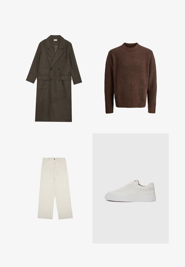 Abrigo largo de doble botonadura en mezcla de lana marrón oscuro, con cuello notch, dos bolsillos frontales y botones negros. Textura suave.; Suéter de punto marrón con un patrón texturizado, cuello redondo acanalado y mangas largas. Fabricado con un material suave y cálido.; Pantalones de pierna ancha color beige claro, hechos de algodón, que cuentan con bolsillos frontales, cierre de un botón y detalles de costura visibles.; Zapatillas bajas de cuero blanco con punta redonda, suela de goma blanca plana y un detalle de costura minimalista. Cordones asegurados a través de seis ojales.