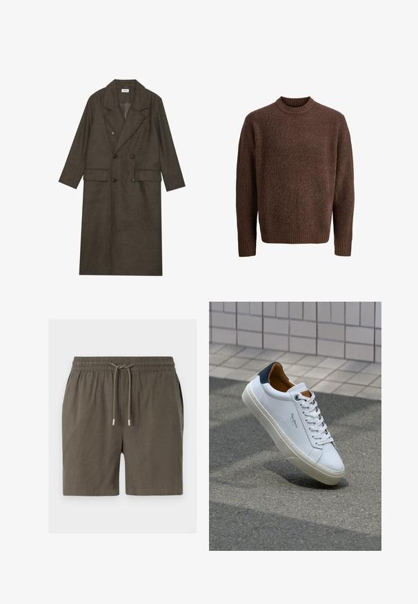 Cappotto lungo doppiopetto in misto lana marrone scuro, con colletto a revers, due tasche frontali e bottoni neri. Texture liscia.; Maglione lavorato a maglia marrone con un motivo testurizzato, scollatura a girocollo a costine e maniche lunghe. Realizzato in materiale morbido e caldo.; Pantaloni corti verde scuro con vita elasticizzata, chiusura con cordino e una texture liscia e leggera. Nessuna tasca visibile o fantasie.; Sneaker bianca in pelle con tallone blu, punta rotonda e accenti marroni a contrasto. Presenta lacci piatti e suola in gomma testurizzata.