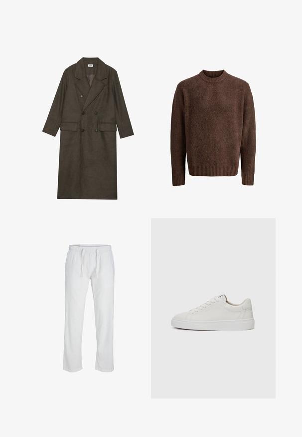 Dvogubni dugi kaput od tamnosmešane vune, s izrezanim ovratnikom, dvama prednjim džepovima i crnim dugmadi. Glatka tekstura.; Smeđi pleteni pulover s teksturiranim uzorkom, rebrastim izrezom i dugim rukavima. Izrađen od mekane, tople tkanine.; Jack & Jones JPSTKANE SUMMER JOGGER - Hlače - bright white; Bijele kožne niske tenisice s okruglim vrhom, ravnim bijelim gumenim potplatom i minimalističkim detaljima šavova. Pertle osigurane kroz šest rupica.