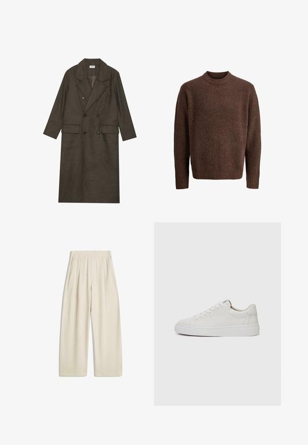 Dubbelzijdige lange jas in donkerbruin wolmengsel, met een geknipt kraag, twee voorzakken en zwarte knopen. Gladde textuur.; Bruine gebreide trui met een gestructureerd patroon, ribbelkraag en lange mouwen. Gemaakt van zacht, warm materiaal.; Wijde pijpen broek in een lichtbeige kleur, met verticale geribbelde textuur, geplooide details bij de tailleband en zijzakken.; Witte leren lage sneakers met een ronde neus, platte witte rubberen zool en minimalistische stikseldetails. Veters vastgemaakt via zes oogjes.