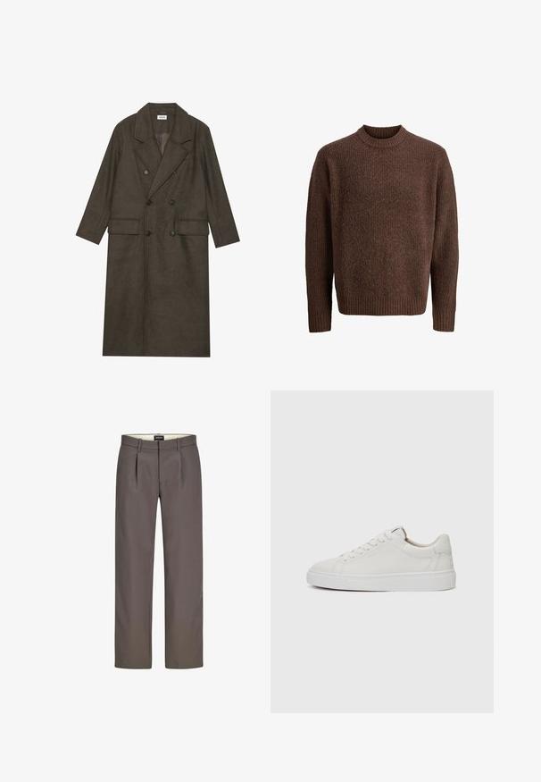 Manteau long à double boutonnage en mélange de laine brun foncé, avec un col à revers, deux poches avant et des boutons noirs. Texture lisse.; Pull en tricot marron avec un motif texturé, encolure ras du cou côtelée et manches longues. Fabriqué en matériau doux et chaud.; Pantalons gris avec un design à jambes droites, dotés de plis, d'une fermeture éclair et d'une texture lisse. La doublure interne est de couleur crème.; Baskets blanches en cuir, à tige basse, avec un bout rond, une semelle en caoutchouc blanc plate et des détails de couture minimalistes. Lacets maintenus par six œillets.