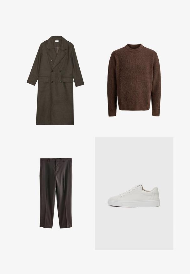 Cappotto lungo doppiopetto in misto lana marrone scuro, con colletto a revers, due tasche frontali e bottoni neri. Texture liscia.; Maglione lavorato a maglia marrone con un motivo testurizzato, scollatura a girocollo a costine e maniche lunghe. Realizzato in materiale morbido e caldo.; Pantaloni dress marroni scuri con design a gamba dritta, due tasche laterali, vestibilità sartoriale e texture del tessuto liscia. Vita standard con passanti per cintura.; Sneakers bianchi in pelle, modello low-top, con punta rotonda, suola piatta in gomma bianca e dettagli di cucitura minimalista. Lacci fissati attraverso sei occhielli.