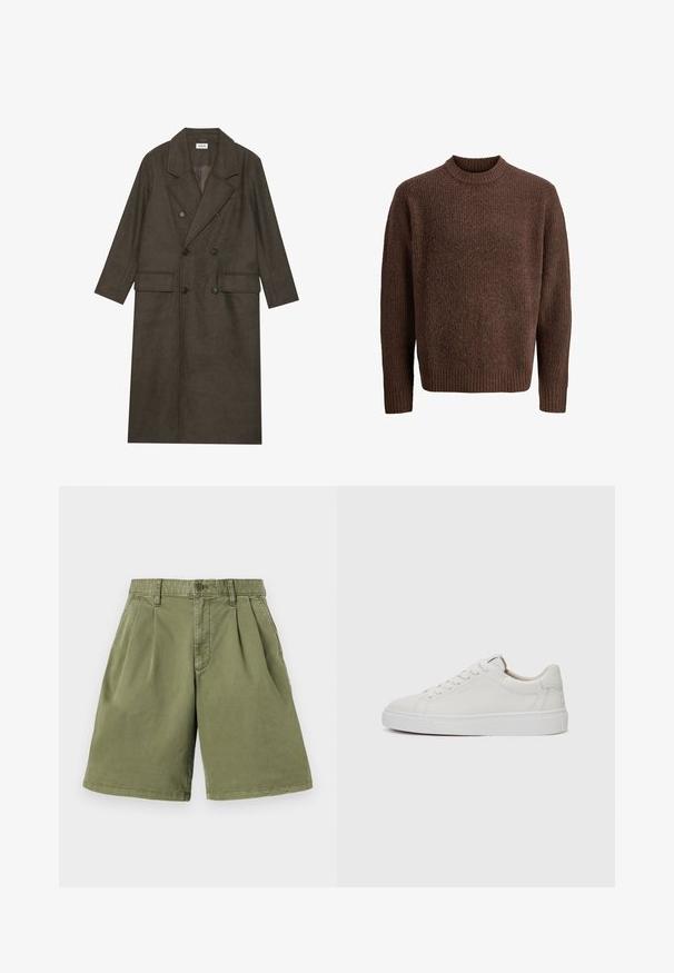 Dlouhý dvouřadý kabát v tmavě hnědé vlněné směsi, s klopovým límcem, dvěma předními kapsami a černými knoflíky. Hladká textura.; Hnědý pletený svetr s texturovaným vzorem, žebrovaným kulatým výstřihem a dlouhými rukávy. Vyrobeno z měkkého a teplého materiálu.; Khaki šortky s předními záhyby, vyrobené z bavlněné směsi. Obsahují poutka na pásek a zapínání na knoflík, mají rovný střih nohavic a čistý lem.; Bílé kožené nízké tenisky s kulatou špičkou, plochou bílou gumovou podrážkou a minimalistickým detailem prošívání. Tkaničky upevněné skrze šest očíček.