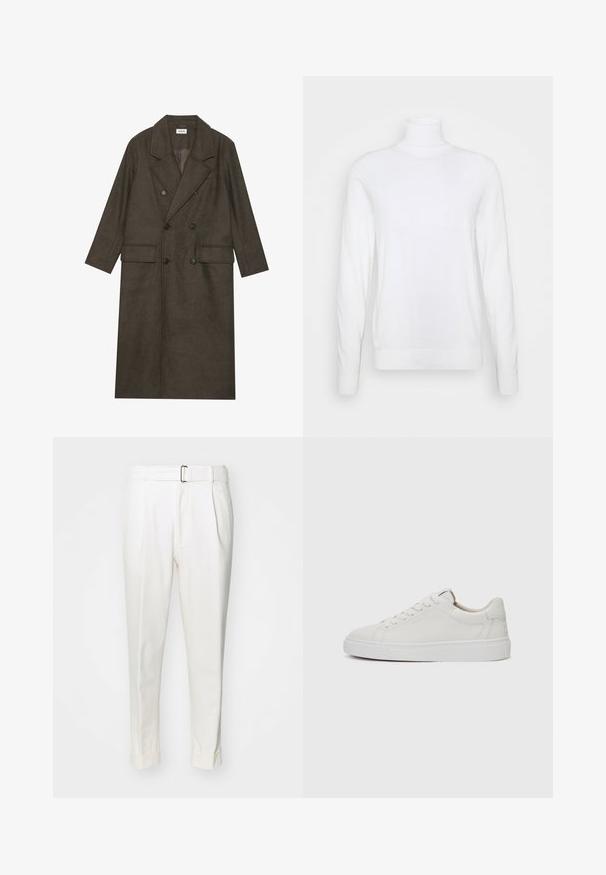 Casaco longo de duplo peito em mistura de lã castanha escura, com colarinho com bicos, dois bolsos frontais e botões pretos. Textura suave.; Pullover de gola alta branco com mangas longas, feito de um tecido suave. Apresenta um design ajustado e punhos e bainha canelados. Sem padrões ou acabamentos.; Calças brancas de algodão, com cintura com cinto, pregas frontais e bainhas dobradas. Textura suave e corte ajustado.; Sapatilhas brancas de couro de cano baixo com biqueira redonda, sola de borracha branca plana e detalhe de costura minimalista. Atacadores presos através de seis ilhós.