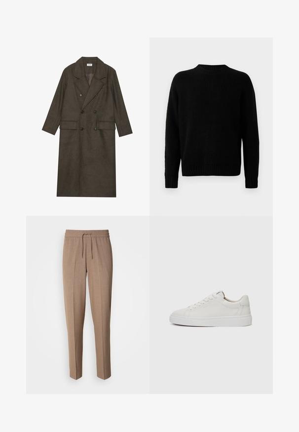 Casaco longo de duplo peito em mistura de lã castanha escura, com colarinho com bicos, dois bolsos frontais e botões pretos. Textura suave.; Pulôver preto tricotado com uma textura canelada, decote redondo e mangas longas. Design simples; sem padrões ou realces adicionais.; Calças de tecido castanho, trançadas, com um corte descontraído, cintura com cordão e pregas frontais. Pernas retas e sem bolsos ou hardware visíveis.; Sapatilhas brancas de couro de cano baixo com biqueira redonda, sola de borracha branca plana e detalhe de costura minimalista. Atacadores presos através de seis ilhós.