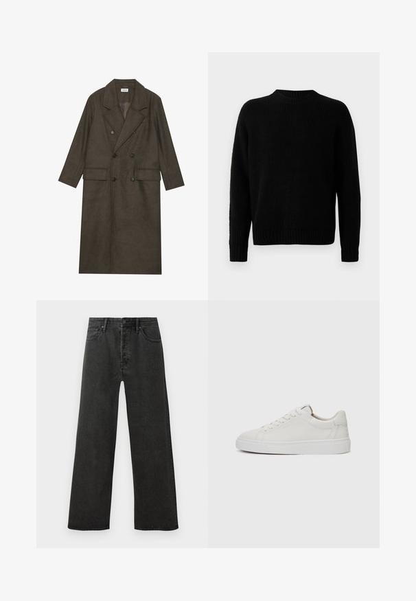 Kétgombos, hosszú kabát sötétbarna gyapjúkeverékből, kiemelkedő gallérral, két elülső zsebbel és fekete gombokkal. Simára csiszolt textúra.; Fekete kötött pulóver bordás textúrával, kerek nyakkivágással és hosszú ujjakkal. Egyszerű dizájn; nincs további minta vagy díszítés.; Fekete, magas derekú, egyenes szárú farmernadrág elülső gombbal, cipzáras záródással és öt zsebes kialakítással fehér háttér előtt.; Fehér bőr, alacsony szárú sportcipő kerek orral, lapos fehér gumitalppal és minimalista varrási részletekkel. A fűzők hat szemre fűzve.