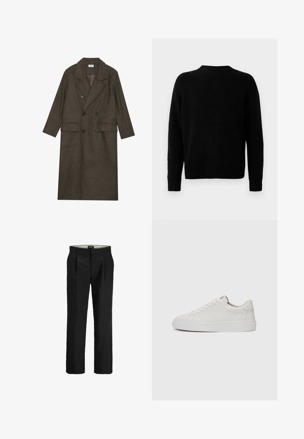 Dobbeltbrystet lang frakke i mørkebrun uldblanding med slået krave, to forlommer og sorte knapper. Glat tekstur.; Sort strikket sweater med ribbet tekstur, rund halsudskæring og lange ærmer. Simpel design; ingen yderligere mønstre eller accenter.; Sorte skræddersyede bukser med flad front, to sidelommer, en glat tekstur og lige ben. Har bæltesløjfer for ekstra stil.; Hvide læder sneakers med lav skæft, rund tå, flad hvid gummisål og minimalistisk sømdetalje. Snørebånd sikret gennem seks snørrehuller.