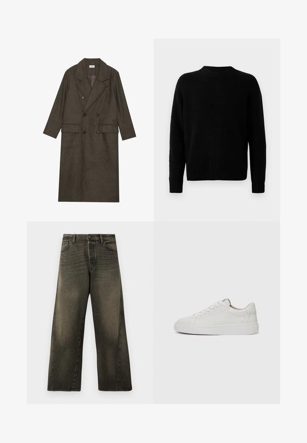 Dlhý kabát s dvojitým zapínaním v tmavo hnedej vlnenej zmesi, s klopeným golierom, dvoma prednými vreckami a čiernymi gombíkmi. Hladká textúra.; Čierny pletený sveter s rebrovanou textúrou, okrúhlym výstrihom a dlhými rukávmi. Jednoduchý dizajn; žiadne ďalšie vzory alebo akcenty.; Čierne vyblednuté rifle s vysokým pásom a širokými nohavicami, so zapínaním na predný gombík a zips, a s klasickými prednými vreckami.; Biele kožené tenisky nízkoprofilového strihu s okrúhlou špičkou, plochou bielou gumovou podrážkou a minimalistickými detailmi šitia. Šnúrky zaistené cez šesť očiek.