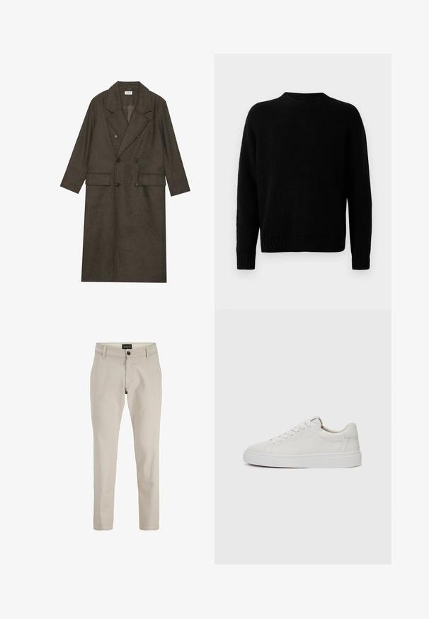 Doppelt gepolsterter langer Mantel aus dunkelbraunem Wollgemisch, mit einem Reverskragen, zwei Vorderaschen und schwarzen Knöpfen. Glatte Textur.; Schwarzer Strickpullover mit gerippter Textur, runden Ausschnitt und langen Ärmeln. Einfaches Design; keine zusätzlichen Muster oder Akzente.; Beige Baumwoll-Chinos mit geradem Bein, featuring einen Frontknopfverschluss und Gürtelschlaufen. Glatte Textur, minimalistischer Stil.; Weiße Leder-Sneaker im Low-Top-Stil mit runder Zehenform, flacher weißer Gummisohle und minimalistischen Steppnähten. Schnürsenkel sind durch sechs Ösen gesichert.