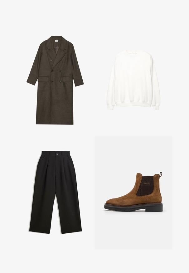 Dwurzędowy długi płaszcz z ciemno-brązowej mieszanki wełny, z wyłogowym kołnierzem, dwiema przednimi kieszeniami i czarnymi guzikami. Gładka tekstura.; Biała bluza, okrągły dekolt, długie rękawy, luźny krój. Miękka tkanina z ściągaczami przy mankietach i dolnym obszyciu. Minimalistyczny design, bez widocznych logo i wzorów.; Czarne spodnie o luźnym kroju, z zakładkami z przodu, kieszeniami po bokach i zapięciem na guzik. Wykonane z fakturowanej tkaniny.; Brązowy zamszowy botek sięgający kostki z okrągłym noskiem i elastycznymi bokami. Posiada czarny teksturowany akcent oraz pętelkę z tyłu. Czarna podeszwa.