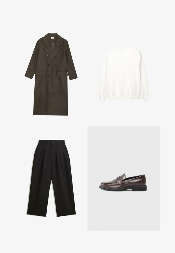 Cappotto lungo doppiopetto in misto lana marrone scuro, con colletto a revers, due tasche frontali e bottoni neri. Texture liscia.; Sweatshirt bianco, collo a giro, maniche lunghe, vestibilità rilassata. Tessuto morbido con polsini e orlo a costine. Design minimalista, senza loghi o motivi visibili.; Pantaloni neri con una vestibilità comoda, caratterizzati da pieghe frontali, tasche laterali e chiusura con bottone. Realizzati in tessuto testurizzato.; Mocassini in pelle marrone con una finitura liscia, caratterizzati da un sottile dettaglio cucito sulla tomaia e una suola in gomma nera.