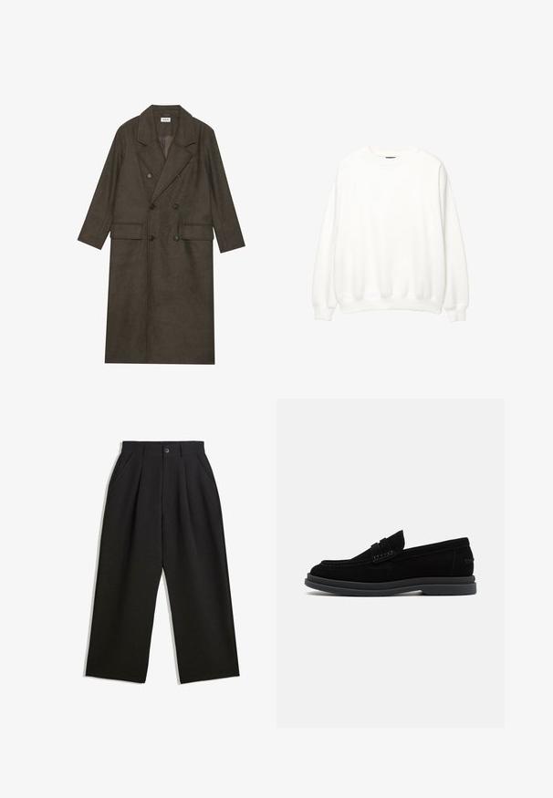 Doppelt gepolsterter langer Mantel aus dunkelbraunem Wollgemisch, mit einem Reverskragen, zwei Vorderaschen und schwarzen Knöpfen. Glatte Textur.; Weißer Sweatshirt, Rundhalsausschnitt, lange Ärmel, lockere Passform. Weicher Stoff mit gerippten Bündchen und Saum. Minimalistisches Design, keine sichtbaren Logos oder Muster.; Schwarze Hose mit lockerem Schnitt, mit Falten an der Vorderseite, Seitentaschen und einem Knopfverschluss. Hergestellt aus strukturiertem Stoff.; HUGO CHAOL - Slipper - black