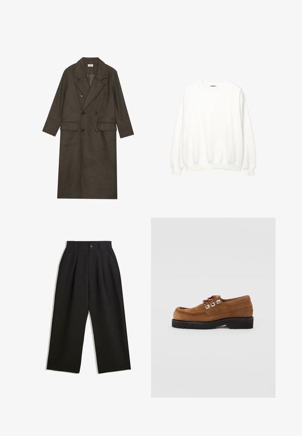 Dlouhý dvouřadý kabát v tmavě hnědé vlněné směsi, s klopovým límcem, dvěma předními kapsami a černými knoflíky. Hladká textura.; Bílá mikina, kulatý výstřih, dlouhé rukávy, volný střih. Měkká látka s žebrovanými manžetami a spodním lemem. Minimalistický design, bez viditelných log a vzorů.; Černé kalhoty s uvolněným střihem, s průhyby v přední části, bočními kapsami a zapínáním na knoflík. Vyrobené z texturované látky.; Hnědé semišové boty s kulatou špičkou, polstrovaným límcem a ozdobnými stříbrnými očka. Černá gumová podrážka pro trakci a stabilitu.