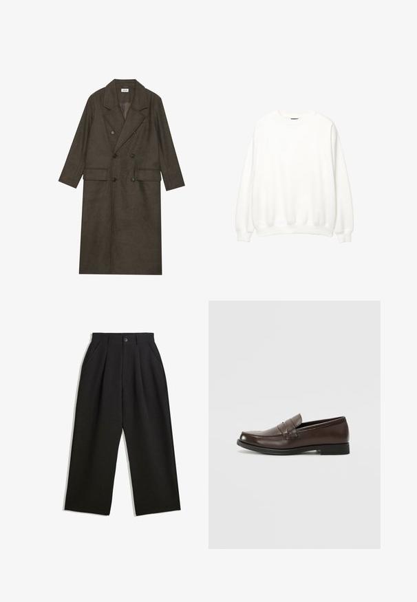 Dobbeltbrystet lang frakke i mørkebrun uldblanding med slået krave, to forlommer og sorte knapper. Glat tekstur.; Hvid sweatshirt, rund hals, lange ærmer, afslappet pasform. Blødt stof med ribbede mansjetter og kant. Minimalistisk design, ingen synlige logoer eller mønstre.; Sorte bukser med en afslappet pasform, der har plisseringer foran, sidelommer og knaplukning. Fremstillet af tekstureret stof.; Brune læderloafers med rund tå, dekorativ syning og en lille, flad hæl. Glat tekstur med underspillede designelementer.