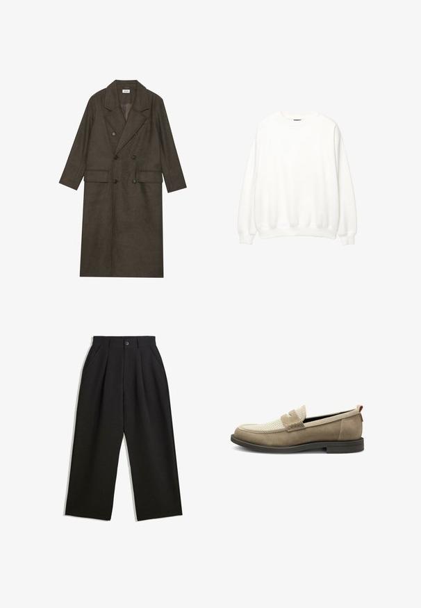Dubbelt knäppt lång kappan i en mörkbrun ullblandning, med en spetsig krage, två framfickor och svarta knappar. Slät textur.; Vit sweatshirt, rund hals, långa ärmar, avslappnad passform. Mjuk tyg med ribbade muddar och nederkant. Minimalistisk design, inga synliga logotyper eller mönster.; Svarta byxor med avslappnad passform, utrustade med veck fram, sidofickor och knappstängning. Tillverkade av strukturerad tyg.; Ljust bruna mockaloafers med en meshsektion på ovansidan, rektangulärt vampdetalj och en strukturerad gummisula. Har en röd accent.
