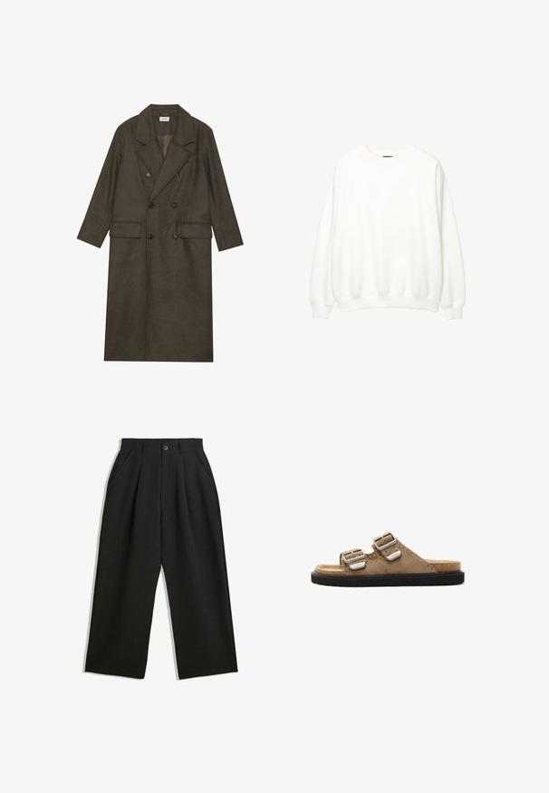 Cappotto lungo doppiopetto in misto lana marrone scuro, con colletto a revers, due tasche frontali e bottoni neri. Texture liscia.; Sweatshirt bianco, collo a giro, maniche lunghe, vestibilità rilassata. Tessuto morbido con polsini e orlo a costine. Design minimalista, senza loghi o motivi visibili.; Pantaloni neri con una vestibilità comoda, caratterizzati da pieghe frontali, tasche laterali e chiusura con bottone. Realizzati in tessuto testurizzato.; Sandali in suede marrone con due fibbie argentate regolabili, suola nera testurizzata e dettagli perforati nella parte superiore.