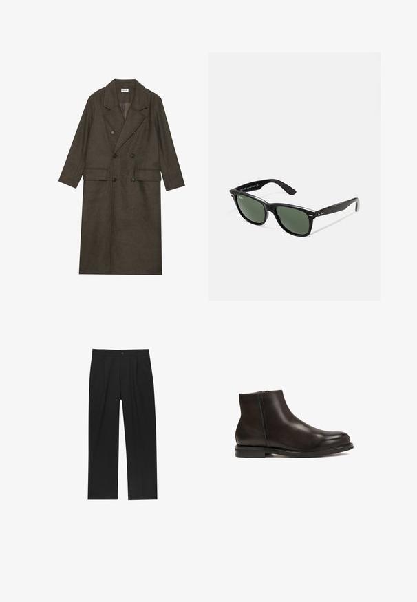 Dlouhý dvouřadý kabát v tmavě hnědé vlněné směsi, s klopovým límcem, dvěma předními kapsami a černými knoflíky. Hladká textura.; Bílá mikina, kulatý výstřih, dlouhé rukávy, volný střih. Měkká látka s žebrovanými manžetami a spodním lemem. Minimalistický design, bez viditelných log a vzorů.; Černé kalhoty s rovnými nohavicemi, vyrobené z hladké tkaniny. Mají přední záhyby a jedno knoflíkové zapínání v pase.; Černá kožená kotníková bota s hladkým povrchem, zaoblenou špičkou a nízkým podpatkem. Obsahuje boční zip pro snadné obouvání.; Černé plastové sluneční brýle se zelenými skly, čtvercové obroučky, stříbrný detail na obočí a texturované stranice. Značka uvedená na vnitřní straně stranic.