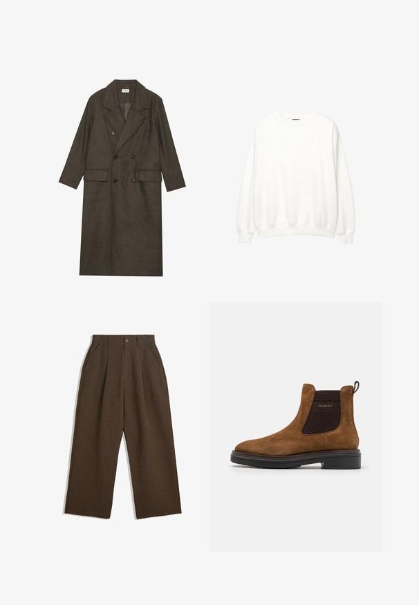 Dvogubni dugi kaput od tamnosmešane vune, s izrezanim ovratnikom, dvama prednjim džepovima i crnim dugmadi. Glatka tekstura.; Bijela majica s dugim rukavima, okrugli izrez, opušteni kroj. Mekani materijal s rebrastim manžetama i donjim rubom. Minimalistički dizajn, bez vidljivih logotipa ili uzoraka.; Smeđe plisirane hlače širokog kroja, sa zatvaranjem na dugme i bočnim džepovima, napravljene od teksturiranog materijala pogodnog za svakodnevno nošenje.; Smeđe nubuk gležnjače s okruglim vrhom i elastičnim bočnim panelima. Imaju crni teksturirani detalj i petnu petlju. Crna potplata.