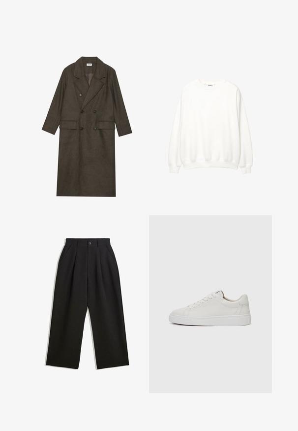 Kétgombos, hosszú kabát sötétbarna gyapjúkeverékből, kiemelkedő gallérral, két elülső zsebbel és fekete gombokkal. Simára csiszolt textúra.; Fehér pulóver, kerek nyakkivágás, hosszú ujjak, laza szabású. Puha anyag ribbelt mandzsettákkal és szegéllyel. Minimalista dizájn, látható logók vagy minták nélkül.; Fekete, lazán szabott nadrág, elöl redőkkel, oldalsó zsebekkel és gombzárral. Texturált anyagból készült.; Fehér bőr, alacsony szárú sportcipő kerek orral, lapos fehér gumitalppal és minimalista varrási részletekkel. A fűzők hat szemre fűzve.