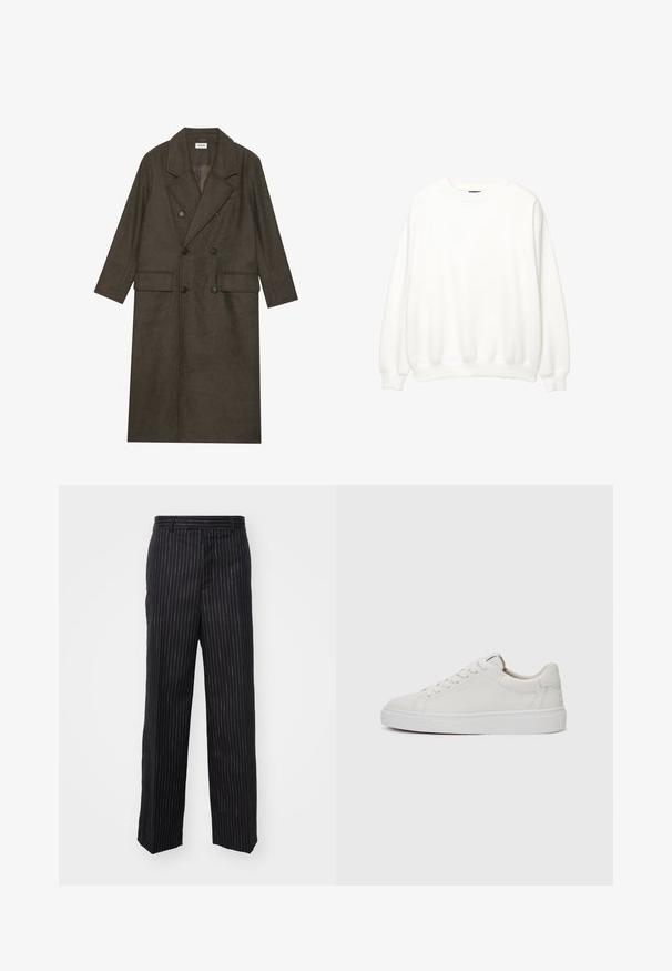 Doppelt gepolsterter langer Mantel aus dunkelbraunem Wollgemisch, mit einem Reverskragen, zwei Vorderaschen und schwarzen Knöpfen. Glatte Textur.; Weißer Sweatshirt, Rundhalsausschnitt, lange Ärmel, lockere Passform. Weicher Stoff mit gerippten Bündchen und Saum. Minimalistisches Design, keine sichtbaren Logos oder Muster.; Schwarze Nadelstreifenhose mit taillierter Passform, ausgestattet mit einer glatten Textur, geradem Bein-Design und dezenten tonal gehaltenen Akzenten.; Weiße Leder-Sneaker im Low-Top-Stil mit runder Zehenform, flacher weißer Gummisohle und minimalistischen Steppnähten. Schnürsenkel sind durch sechs Ösen gesichert.