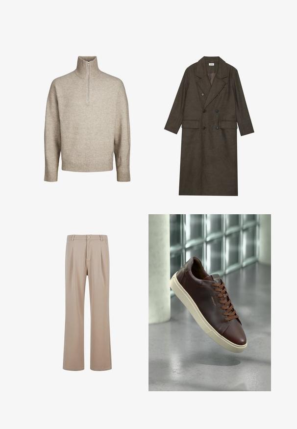 Cappotto lungo doppiopetto in misto lana marrone scuro, con colletto a revers, due tasche frontali e bottoni neri. Texture liscia.; Jack & Jones JOROLLIE HALF ZIP - Maglione - atmosphere; Pantaloni beige a pieghe realizzati in tessuto liscio con un design a gamba dritta, caratterizzati da una chiusura con bottone e dettagli di cucitura discreti.; Sneaker in pelle marrone con punta rotonda, lacci marroni e suola in gomma beige. Presenta un branding minimale sul lato.