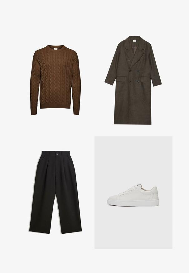 Double-breasted long coat in dark brown wool blend, featuring a notched collar, two front pockets, and black buttons. Smooth texture.; Brown cable-knit sweater with a crew neckline, ribbed cuffs, and hem. Features vertical textured patterns throughout. Made of soft material.; Black trousers with a relaxed fit, featuring pleats at the front, side pockets, and a button closure. Made from textured fabric.; White leather low-top sneakers with a round toe, flat white rubber sole, and minimalistic stitching detail. Laces secured through six eyelets.