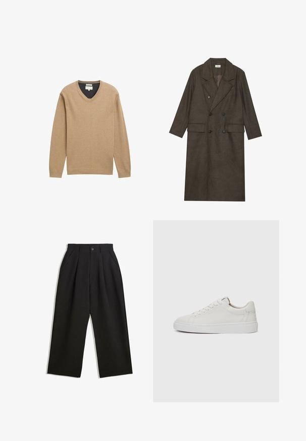 Dlhý kabát s dvojitým zapínaním v tmavo hnedej vlnenej zmesi, s klopeným golierom, dvoma prednými vreckami a čiernymi gombíkmi. Hladká textúra.; Béžový sveter s výstrihom do V, vyrobený z mäkkej pleteniny, s dlhými rukávmi a rebrovaným lemom. Na hrudi je jemný detail loga.; Čierne nohavice s voľným strihom, s prekrytím vpredu, bočnými vreckami a zapínaním na gombík. Vyrobené z textúrovanej látky.; Biele kožené tenisky nízkoprofilového strihu s okrúhlou špičkou, plochou bielou gumovou podrážkou a minimalistickými detailmi šitia. Šnúrky zaistené cez šesť očiek.