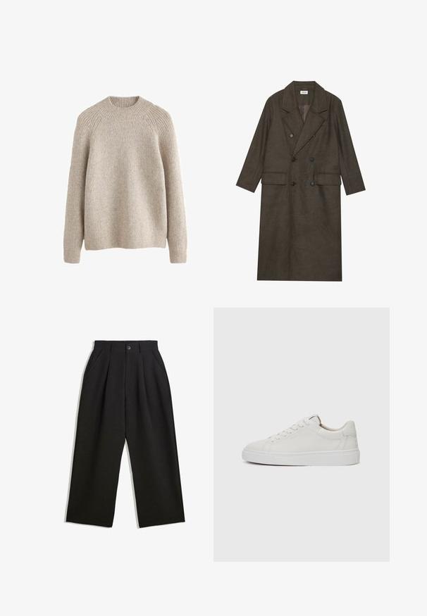 Cappotto lungo doppiopetto in misto lana marrone scuro, con colletto a revers, due tasche frontali e bottoni neri. Texture liscia.; Maglione a coste di colore beige chiaro con collo alto e rotondo e maniche lunghe. Tessuto morbido e vestibilità rilassata, con cuciture delle spalle a raglan.; Pantaloni neri con una vestibilità comoda, caratterizzati da pieghe frontali, tasche laterali e chiusura con bottone. Realizzati in tessuto testurizzato.; Sneakers bianchi in pelle, modello low-top, con punta rotonda, suola piatta in gomma bianca e dettagli di cucitura minimalista. Lacci fissati attraverso sei occhielli.