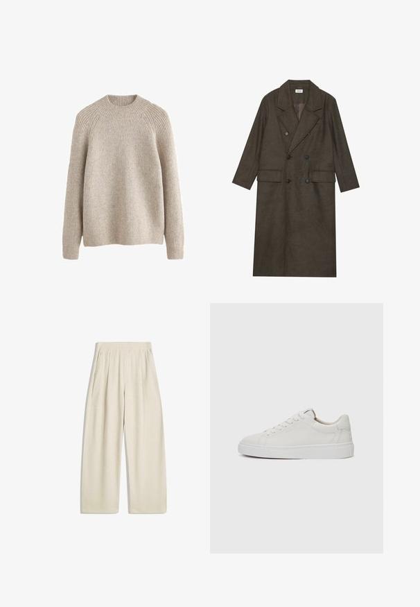 Dvojredno obloženi dolg plašč v temno rjavi mešanici volne, z obreženim ovratnikom, dvema sprednjima žepoma in črnimi gumbi. Gladka tekstura.; Svetlo bež rebrast pulover z visokim okrog lim, dolgimi rokavi in mehko teksturo ter sproščenim krojem, ki vključuje raglan šive na ramenih.; Hlače širokih nogavic v svetlo bež barvi, z navpičnim rebrastim teksturo, skladnimi detajli na pasu in stranskimi žepi.; Bele usnjene superge z nizkim zgornjim delom, okroglo konico, ravnim belim gumijastim podplatom in minimalističnimi šivi. Šnure so pritrjene skozi šest lukenj.
