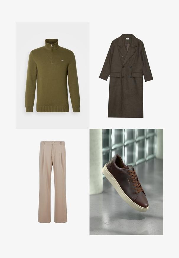 Double-breasted long coat in dark brown wool blend, featuring a notched collar, two front pockets, and black buttons. Smooth texture.; GANT Jumper - juniper green; Beige pleated pants made of smooth fabric with a straight leg design, featuring a button closure and subtle stitching details.; Brown leather sneaker with a rounded toe, brown laces, and a beige rubber sole. Features minimal branding on the side.