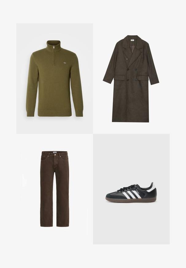 Tamsiai rudos vilnos mišinio dvigubos eilės ilgasis paltas, su įpjovimu apykakle, dviem priekinėmis kišenėmis ir juodais mygtukais. Lygus paviršius.; GANT CASUAL HALF ZIP - Džemperis - juniper green; Rudos džinsai su tiesiu kirpimu, penkių kišenių dizainu ir metaliniais akcentais. Apima užsegimą mygtuku ir ženklą ant juosmens.; Juodas sintetinis sportbačių viršus su baltomis trimis juostelėmis, tekstūruotas guminis padas ir juodi raišteliai. Žemo kirpimo sportinis stilius.