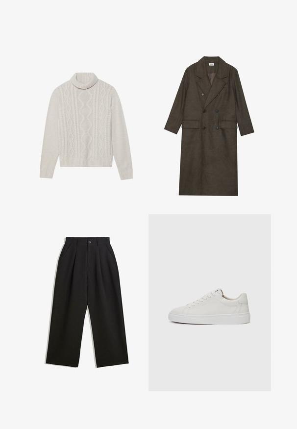 Double-breasted long coat in dark brown wool blend, featuring a notched collar, two front pockets, and black buttons. Smooth texture.; Cream-colored cable knit sweater with a high ribbed collar, featuring a textured pattern and ribbed cuffs and hem. Soft wool blend material.; Black trousers with a relaxed fit, featuring pleats at the front, side pockets, and a button closure. Made from textured fabric.; White leather low-top sneakers with a round toe, flat white rubber sole, and minimalistic stitching detail. Laces secured through six eyelets.