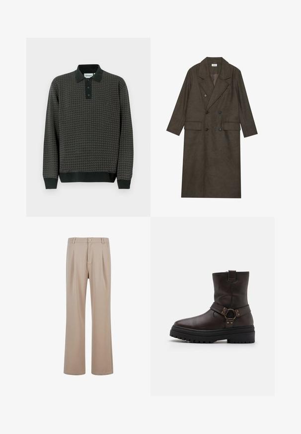 Kétgombos, hosszú kabát sötétbarna gyapjúkeverékből, kiemelkedő gallérral, két elülső zsebbel és fekete gombokkal. Simára csiszolt textúra.; Sötétszürke mintás hosszú ujjú pólóing fekete gallérral, három gombbal elöl, valamint bordázott mandzsettákkal az ujjaknál és az alján.; Beige, sima anyagból készült, plisszírozott nadrág, egyenes láb kialakítással, gombos záródással és diszkrét varrási részletekkel.; Barna bőr bokacsizma négyzet alakú orral, csattal díszítve és vastag fekete talppal. Oldalcipzárral és texturált felülettel rendelkezik.