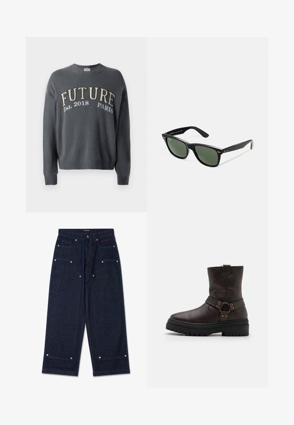 Tumepruun viljasegu topeltkooler, millel on nurgeline krae, kaks esist taskut ja mustad nööbid. Sile tekstuur.; Tumedat hallid kudumid särk ribakätiste ja alumise servaga, millel on rinna peal beezhivärvi ja valgega broderitud "FUTURE Est. 2018 PARIS".; Tumedat denimit laiad püksid, millel on kaks eesmist taskut, hõbedased detailid ja kontrastsed punased õmblused. Omab nööbiga sulgemist ja brändi logo.; Pruun nahkne pahkluu saabas ruuduvarbaga, lukukinnitusdetailide ja paksu musta tallaga. Omab külgniidi ja tekstureeritud pinda.; Mustad mustan plastiku prillid roheliste läätsedega, ruudukujulised raamid, hõbedane aksent kulmude peal ja tekstuuriga tempelkäed. Brändi nimi on märgitud sisevarrele.