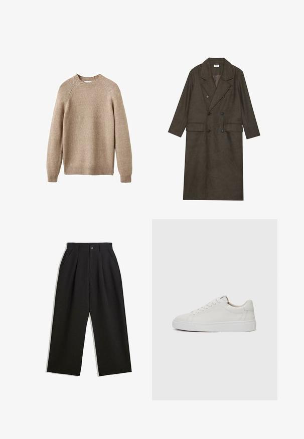 Cappotto lungo doppiopetto in misto lana marrone scuro, con colletto a revers, due tasche frontali e bottoni neri. Texture liscia.; Maglione beige lavorato a maglia con girocollo, polsini e orlo a coste. Presenta una finitura testurizzata e maniche raglan. Vestibilità classica.; Pantaloni neri con una vestibilità comoda, caratterizzati da pieghe frontali, tasche laterali e chiusura con bottone. Realizzati in tessuto testurizzato.; Sneakers bianchi in pelle, modello low-top, con punta rotonda, suola piatta in gomma bianca e dettagli di cucitura minimalista. Lacci fissati attraverso sei occhielli.