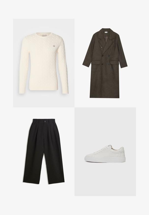 Palton lung cu două rânduri de nasturi dintr-un amestec de lână de culoare maro închis, având un guler cu tăietură, două buzunare frontale și nasturi negri. Textură netedă.; Pulover din tricotaje clasice, de culoare crem, cu mâneci lungi, decolteu rotund, manșete și tiv cu aspect canelat, având un detaliu mic cu logo pe piept.; Pantaloni negri cu o croială lejeră, având pliuri în față, buzunare laterale și închidere cu buton. Fabricat dintr-un material texturat.; Adidași albi din piele, cu vârful rotund, talpă din cauciuc alb plat și detalii de cusătură minimaliste. Șireturile sunt fixate prin șase ochiuri.