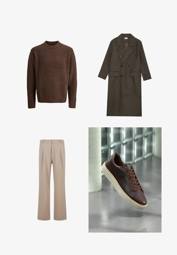 Tumepruun viljasegu topeltkooler, millel on nurgeline krae, kaks esist taskut ja mustad nööbid. Sile tekstuur.; Pruunist kudumist kampsunit, millel on tekstuur, ribiga ümar kaelus ja pikad varrukad. Valmistatud pehmest ja soojast materjalist.; Bežid plisseeritud püksid, mis on valmistatud siledast kangast ja omavad sirget sääre disaini, millel on nööpkinnitus ja peened õmblusdetailid.; Pruun nahast toss, millel on ümar varvas, pruunid paelad ja beež kummitald. Külgedel on minimaalne brändimine.