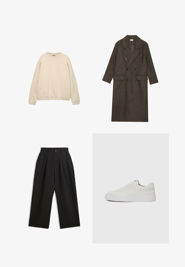 Kaksirivinen pitkä takki tummanruskeasta villaseoksesta, jossa on teräväkaulus, kaksi etutaskua ja mustat napit. Sileä pinta.; Kermanvärinen ylisuuressa hupparissa on pyöreä pääntie ja ribbireunat. Valmistettu pehmeästä kankaasta, jossa on sileä rakenne ja minimalistinen muotoilu.; Musta housut rentoa istuvuutta, joissa on laskoksia edessä, sivutaskut ja nappisuljenta. Valmistettu teksturoidusta kankaasta.; Valkoiset nahkaiset matalakärkiset lenkkarit, joissa on pyöreä kärki, litteä valkoinen kumipohja ja minimalistinen ommel yksityiskohtana. Nauhat on kiinnitetty kuuden silmukan läpi.