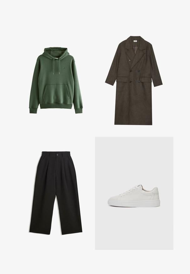 Dubbelzijdige lange jas in donkerbruin wolmengsel, met een geknipt kraag, twee voorzakken en zwarte knopen. Gladde textuur.; Groene katoenen hoodie met een voorkuil, verstelbare trekkoordkap, ribgebreide manchetten en een klein logo. Gladde textuur, casual ontwerp.; Zwarte broeken met een relaxte pasvorm, voorzien van plooien aan de voorzijde, zijzakken en een knoopsluiting. Gemaakt van textiel met structuur.; Witte leren lage sneakers met een ronde neus, platte witte rubberen zool en minimalistische stikseldetails. Veters vastgemaakt via zes oogjes.