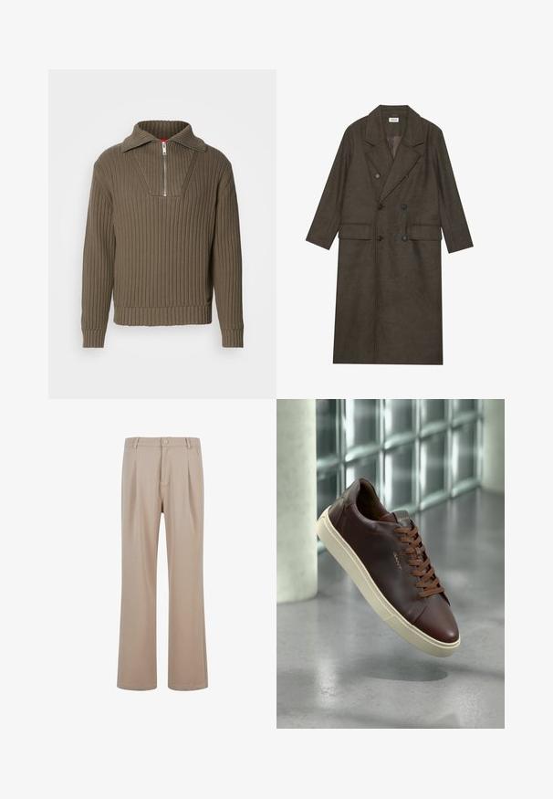 Doppelt gepolsterter langer Mantel aus dunkelbraunem Wollgemisch, mit einem Reverskragen, zwei Vorderaschen und schwarzen Knöpfen. Glatte Textur.; Brauner gerippter Pullover mit einem halben Reißverschluss und einem weiten Kragen. Verfügt über einen strukturierten Stoff und einen leicht verkürzten Saum. Schlichtes Design.; Beige Plisseehosen aus glattem Stoff mit geradem Bein-Design, ausgestattet mit einem Knopfverschluss und dezenten Nähdetails.; Braune Leder-Sneaker mit abgerundetem Zeh, braunen Schnürsenkeln und einer beigen Gummisohle. Verfügt über eine minimalistische Markenkennzeichnung an der Seite.