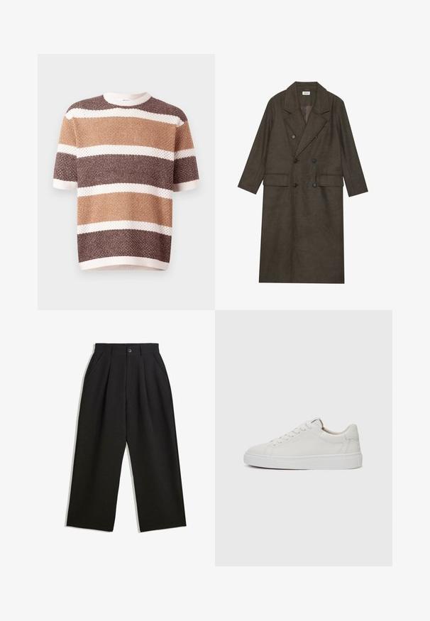 Dvojredno obloženi dolg plašč v temno rjavi mešanici volne, z obreženim ovratnikom, dvema sprednjima žepoma in črnimi gumbi. Gladka tekstura.; Pulover s kratkimi rokavi pletenine z vodoravnimi črtami v odtenkih rjave in kremne barve. Ima okroglo ovratnico in teksturirano tkanino.; Črne hlače z sproščenim krojem, z naborki spredaj, stranskimi žepi in gumbom za zapiranje. Narejene so iz strukturirane tkanine.; Bele usnjene superge z nizkim zgornjim delom, okroglo konico, ravnim belim gumijastim podplatom in minimalističnimi šivi. Šnure so pritrjene skozi šest lukenj.