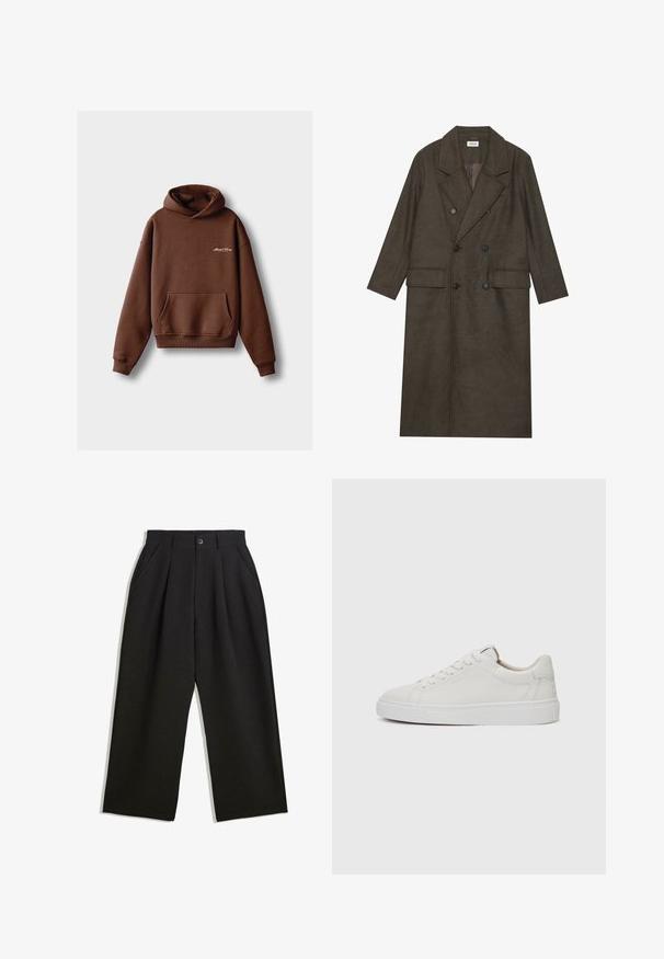 Cappotto lungo doppiopetto in misto lana marrone scuro, con colletto a revers, due tasche frontali e bottoni neri. Texture liscia.; Felpa marrone realizzata in morbido tessuto, con tasca frontale, polsini a coste e cappuccio con cordino. Include un logo ricamato bianco.; Pantaloni neri con una vestibilità comoda, caratterizzati da pieghe frontali, tasche laterali e chiusura con bottone. Realizzati in tessuto testurizzato.; Sneakers bianchi in pelle, modello low-top, con punta rotonda, suola piatta in gomma bianca e dettagli di cucitura minimalista. Lacci fissati attraverso sei occhielli.