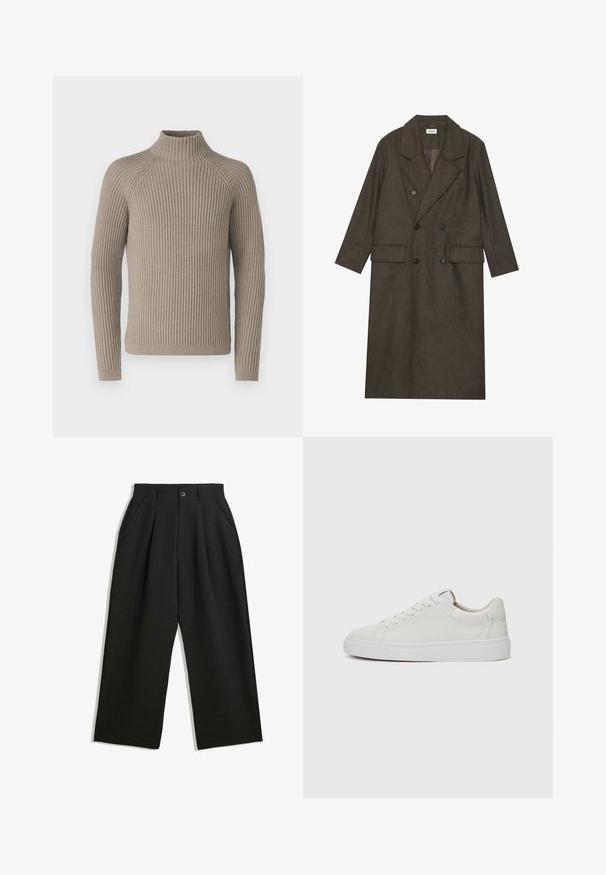 Dubbelzijdige lange jas in donkerbruin wolmengsel, met een geknipt kraag, twee voorzakken en zwarte knopen. Gladde textuur.; Beige geribbelde coltrui met lange mouwen, met een getailleerde pasvorm en een gestructureerd breipatroon. Gemaakt van een zachte stof.; Zwarte broeken met een relaxte pasvorm, voorzien van plooien aan de voorzijde, zijzakken en een knoopsluiting. Gemaakt van textiel met structuur.; Witte leren lage sneakers met een ronde neus, platte witte rubberen zool en minimalistische stikseldetails. Veters vastgemaakt via zes oogjes.