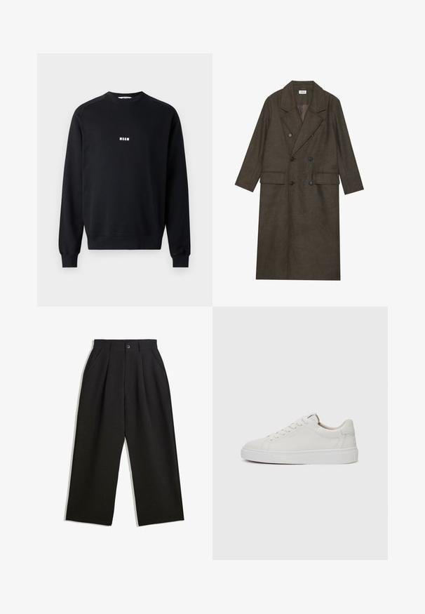 Cappotto lungo doppiopetto in misto lana marrone scuro, con colletto a revers, due tasche frontali e bottoni neri. Texture liscia.; Felpa nera in misto cotone, con collo tondo, maniche lunghe, polsini a costine e logo bianco MSGM sul petto.; Pantaloni neri con una vestibilità comoda, caratterizzati da pieghe frontali, tasche laterali e chiusura con bottone. Realizzati in tessuto testurizzato.; Sneakers bianchi in pelle, modello low-top, con punta rotonda, suola piatta in gomma bianca e dettagli di cucitura minimalista. Lacci fissati attraverso sei occhielli.