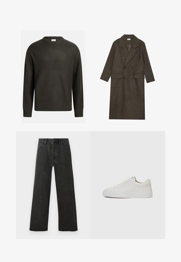 Doppelt gepolsterter langer Mantel aus dunkelbraunem Wollgemisch, mit einem Reverskragen, zwei Vorderaschen und schwarzen Knöpfen. Glatte Textur.; Dunkelgrüner, dick gestrickter Pullover mit Rundhalsausschnitt, schmaler Schulternaht und strukturiertem Muster. Gerippte Bündchen und Saum.; Schwarze hochtaillierte, gerade geschnittene Jeans aus Denim mit vorderem Knopf, Reißverschluss und Fünf-Taschen-Design auf weißem Hintergrund.; Weiße Leder-Sneaker im Low-Top-Stil mit runder Zehenform, flacher weißer Gummisohle und minimalistischen Steppnähten. Schnürsenkel sind durch sechs Ösen gesichert.