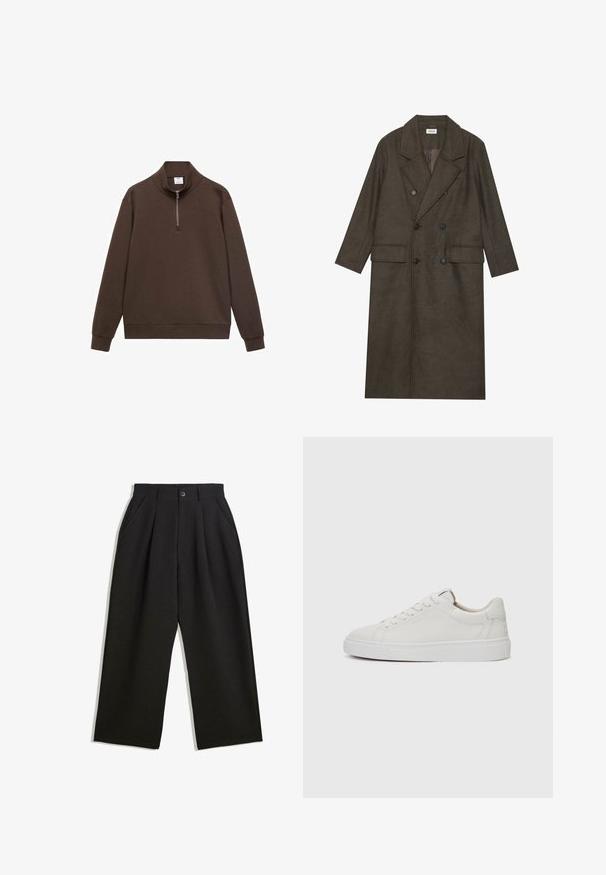 Kaksirivinen pitkä takki tummanruskeasta villaseoksesta, jossa on teräväkaulus, kaksi etutaskua ja mustat napit. Sileä pinta.; Ruskea neulepusero, jossa on korkea kaulus ja neljännesvetoketju. Valmistettu pehmeästä materiaalista, pitkät hihat ja rento malli.; Musta housut rentoa istuvuutta, joissa on laskoksia edessä, sivutaskut ja nappisuljenta. Valmistettu teksturoidusta kankaasta.; Valkoiset nahkaiset matalakärkiset lenkkarit, joissa on pyöreä kärki, litteä valkoinen kumipohja ja minimalistinen ommel yksityiskohtana. Nauhat on kiinnitetty kuuden silmukan läpi.