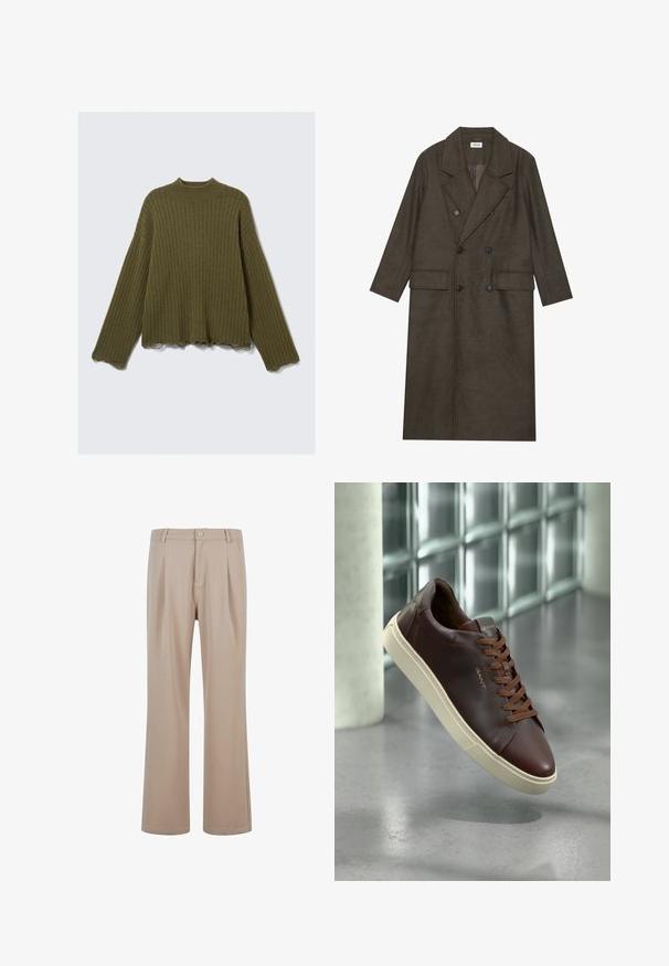 Manteau long à double boutonnage en mélange de laine brun foncé, avec un col à revers, deux poches avant et des boutons noirs. Texture lisse.; Pull à manches longues en tricot côtelé vert olive avec des bords bruts et effilochés sur les poignets et l'ourlet, posé à plat sur un fond blanc.; Pantalons plissés beiges en tissu lisse avec une coupe droite, dotés d'une fermeture à bouton et de détails de couture subtils.; Baskets en cuir marron avec un bout arrondi, lacets marron et semelle en caoutchouc beige. Présente un branding minimaliste sur le côté.